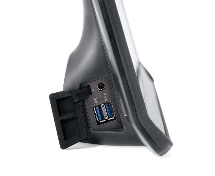 Tobii Dynavox TD I-16 AAC 设备侧视图，具有带保护盖的双 USB 端口