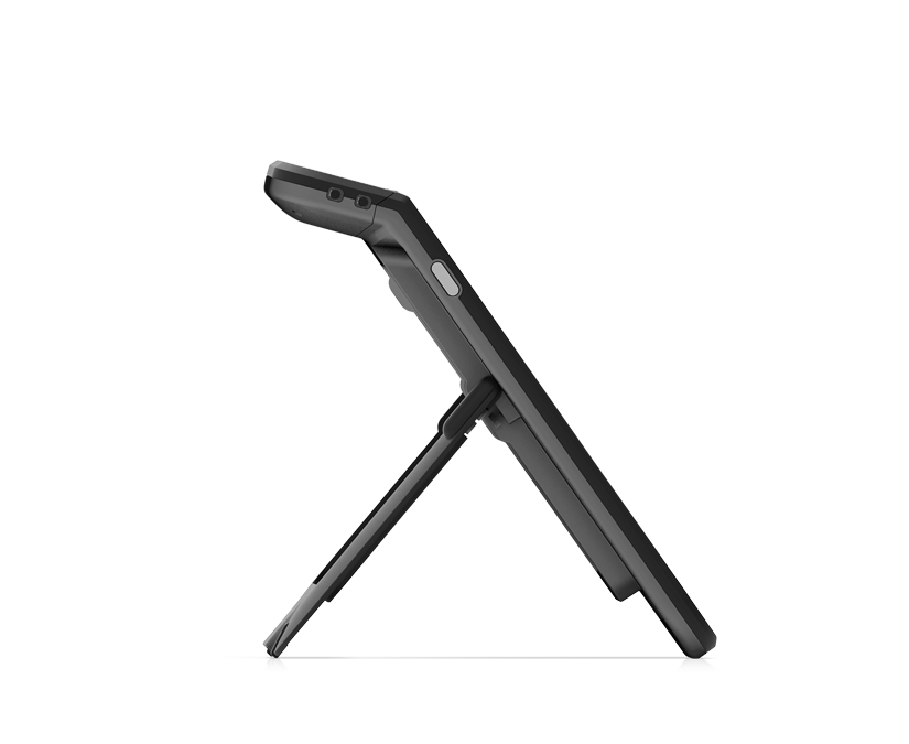 听到Tobii Dynavox TD Navio纳维 辅助沟通设备侧视图，配有内置立架（可折叠支脚），完全直立。